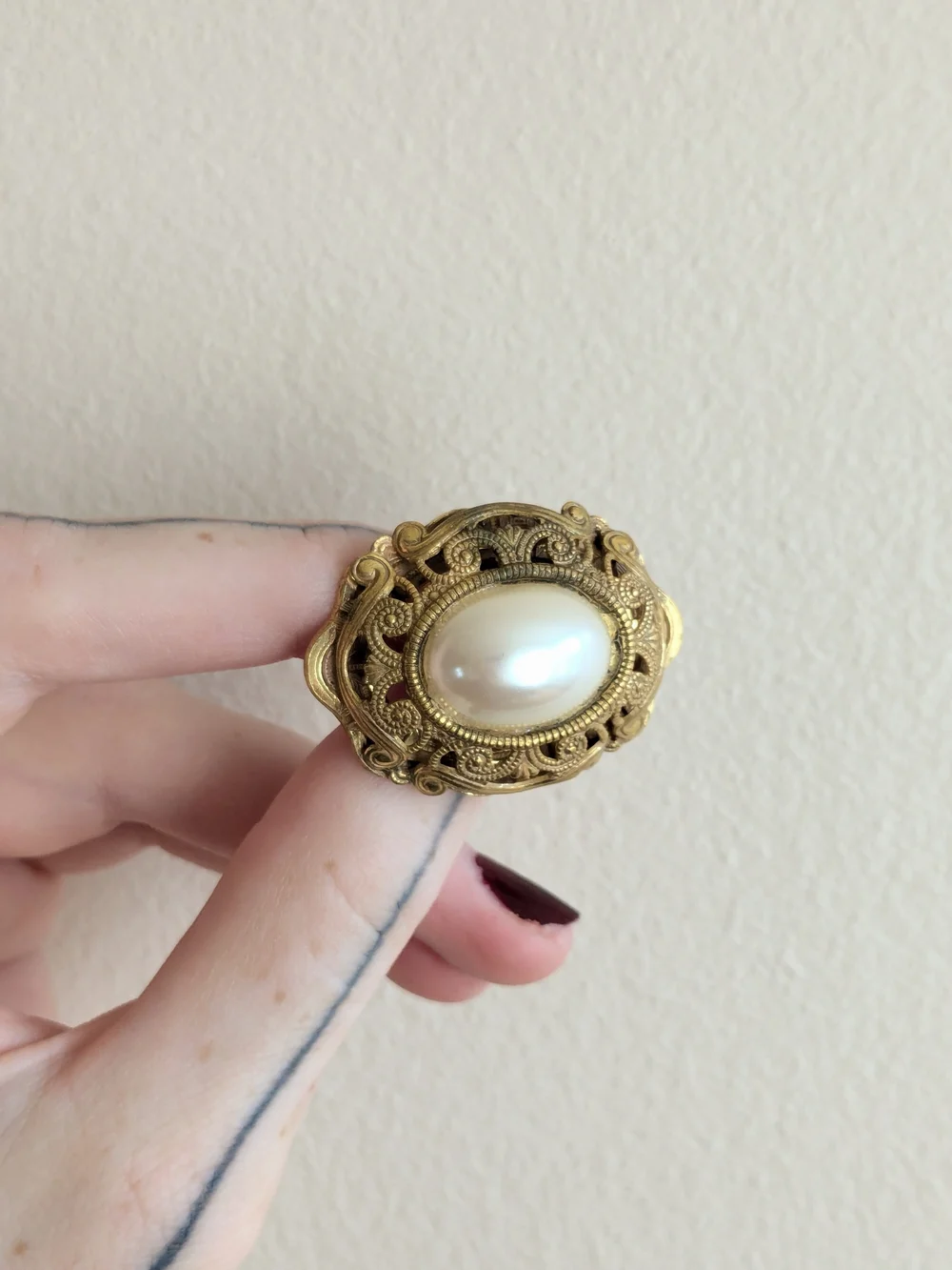 Vintage Miriam Haskell Gold and Faux Pearl Brooch
